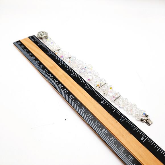 Vintage 1950s Wedding Bracelet, Aurora Borealis Crystal Beads, Rhinestone Clasp - Picture 10 of 14